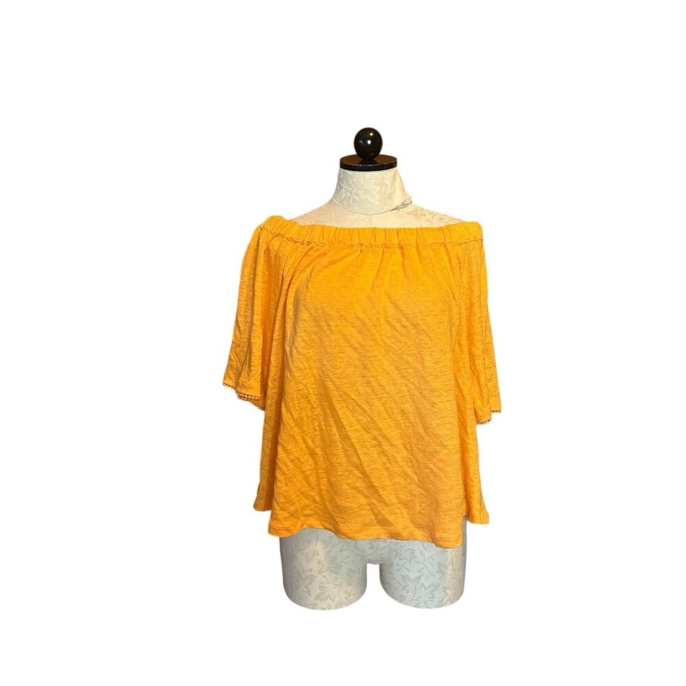 Chico's Orange Tropical 100% Linen Top Cold Shoulder Knit Stretch Sz 1 (M) - Picture 1 of 9